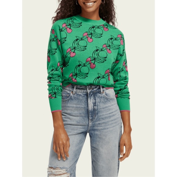 Scotch & Soda Tops - Scotch & Soda Sweater Women's Fruit Print Jacquard Pullover Green Pink